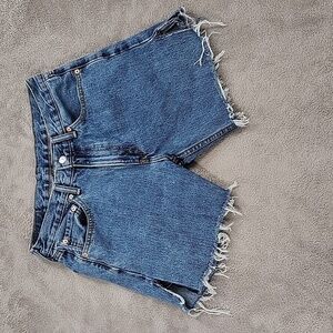 Levis 505 Jean Shorts Womens 32 Blue Denim Distressed Raw Thigh Rips High Rise